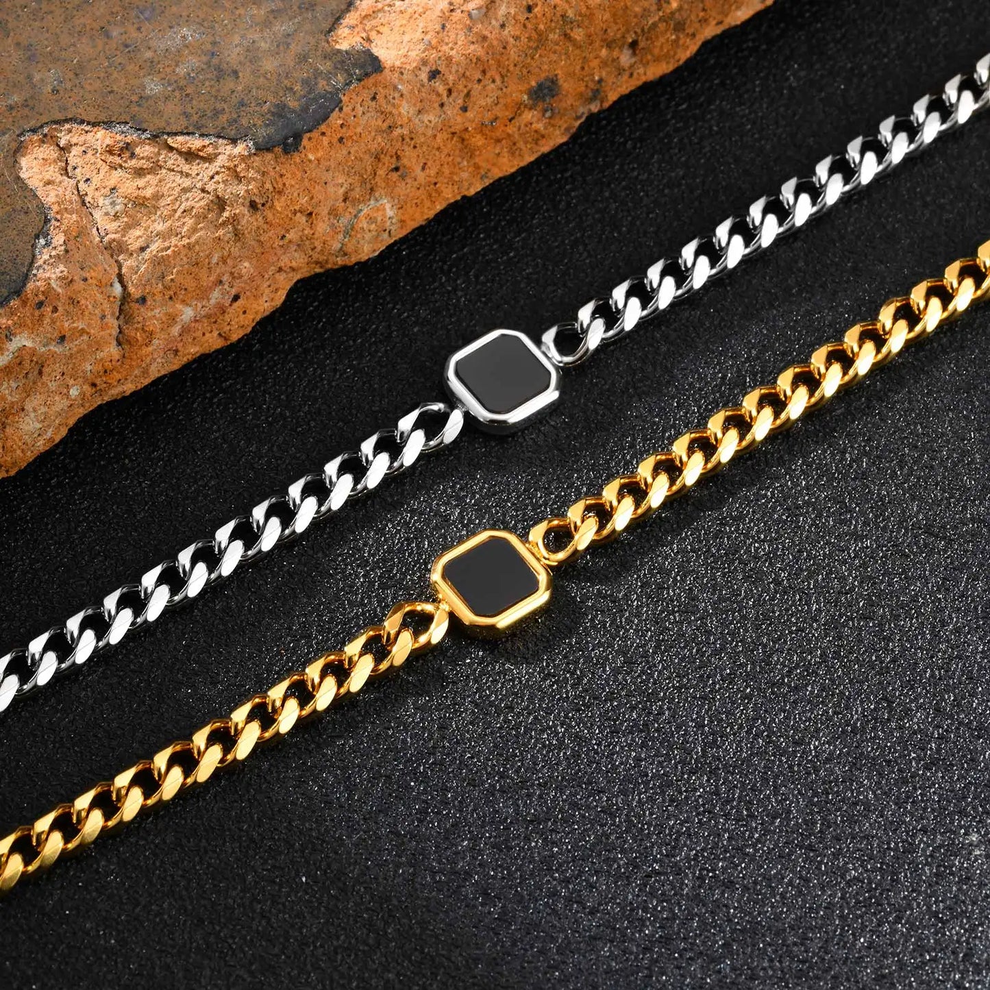 Fashion Chic Square Acrylic Charm Bracelet, Silver Gold Color Stainless Steel Twist Chain Bracelet, Minimalist Jewelry for Men