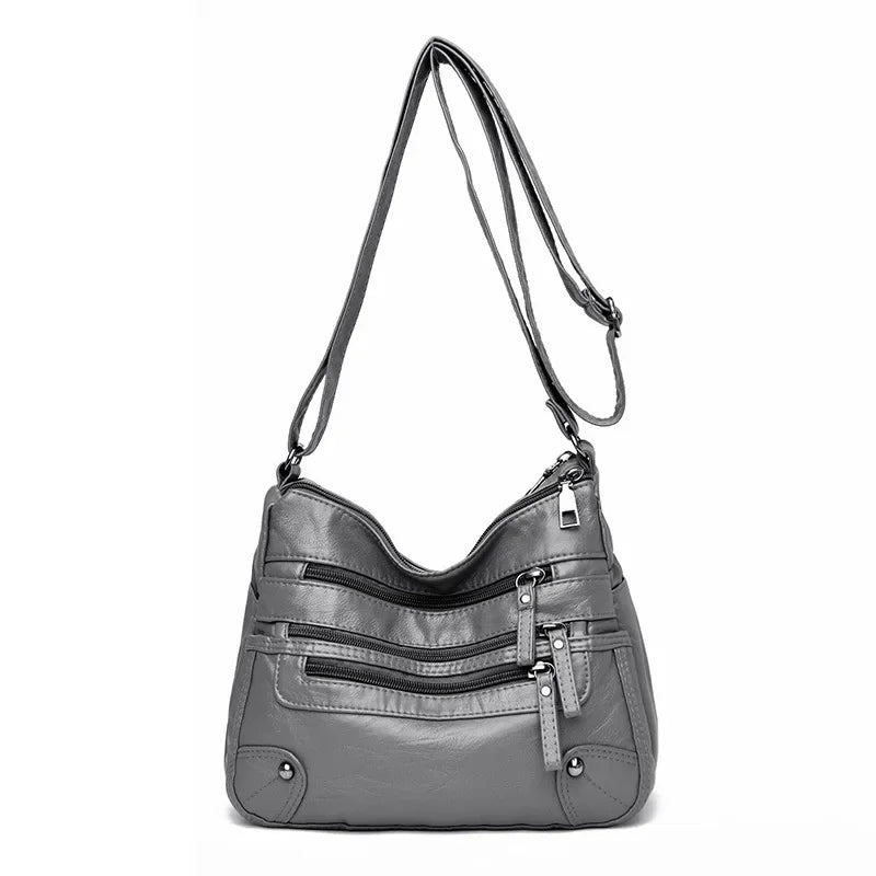 Soft Leather Shoulder Bag - Women's Crossbody Double Layered Large Capacity Tote