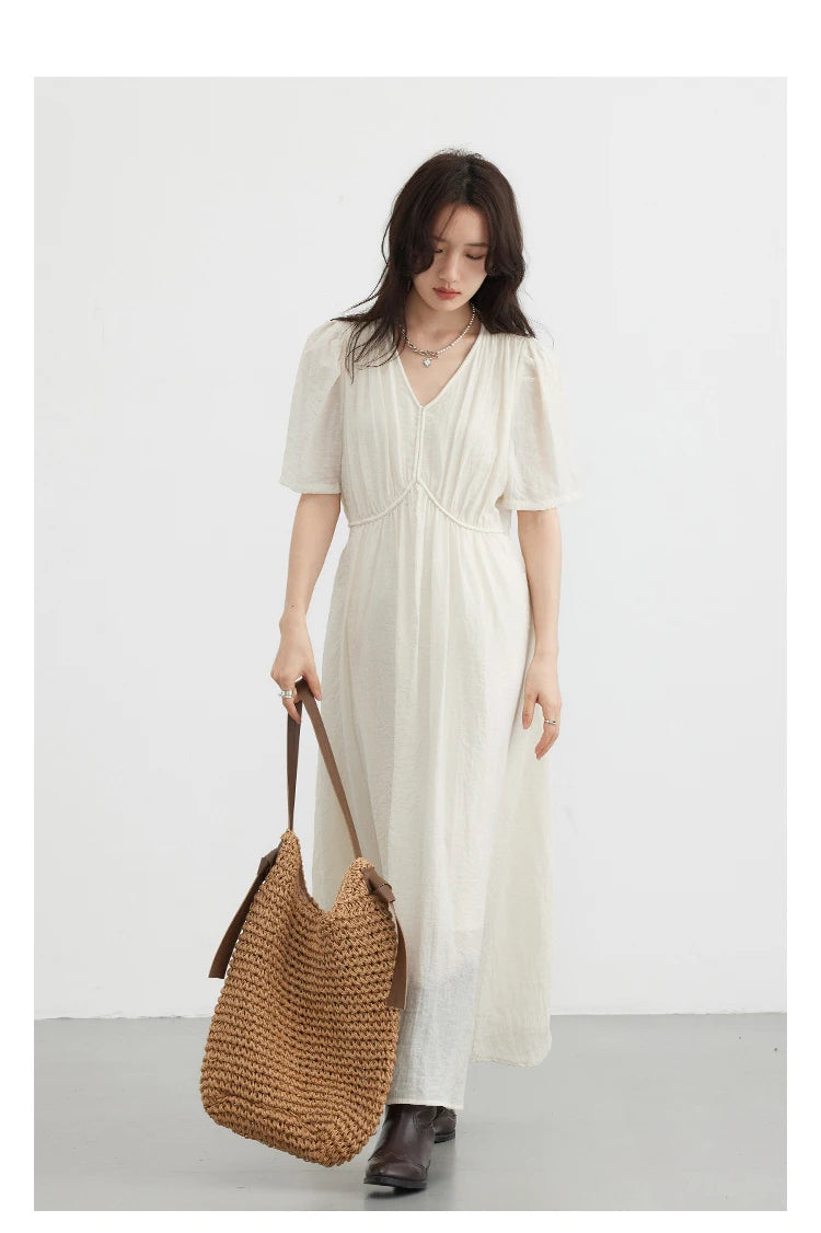 Vintage Puff Sleeve Dress - French Style Black Ankle Length Women Summer Casual Wear