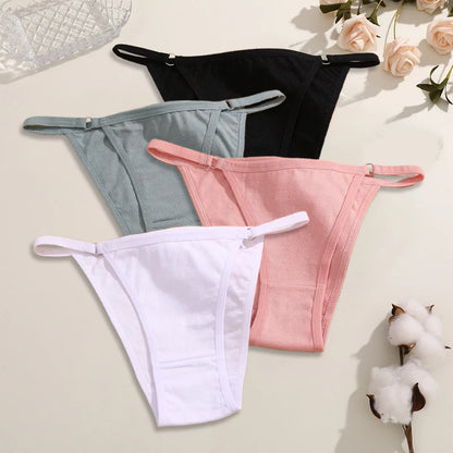 FINETOO 4Pcs Women's Cotton Panties Sexy Metal Ring Waist Underwear Solid Breathable Panties Ladies Soft Briefs Comfort Lingerie