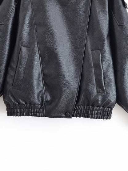 Women Autumn Jackets – Black Zipper Jacket With Asymmetric Button & Turtleneck Collar