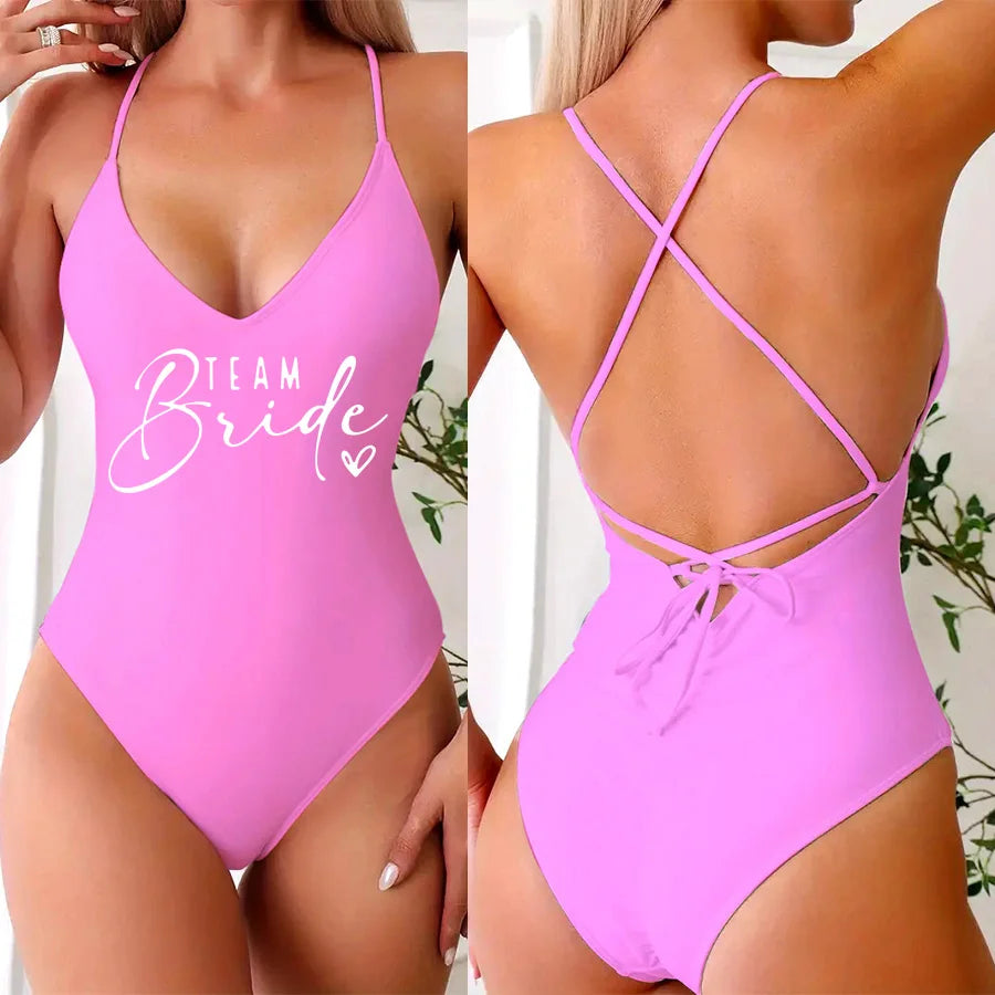 Pink Gold Print One Piece Swimsuit Team Bride Love Sexy Bathing Suit Padded Swimwear Women Bikini Bachelor Party Swim Beachwear