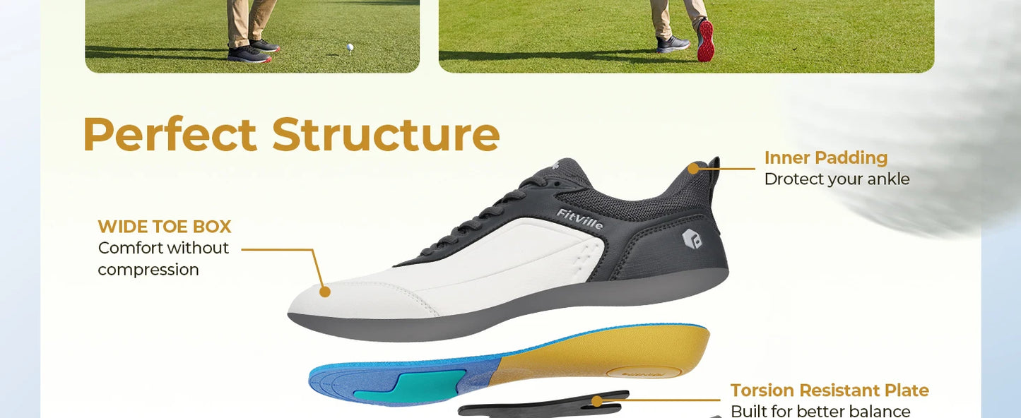 FitVille Men'S Wide Waterproof Spikeless Golf Shoes, High Traction Anti-Slip Sole, Shock Absorption Cushioning Arch Support Professional Golf Trainers, Roomy Toe Box For Wide & Fat Feet