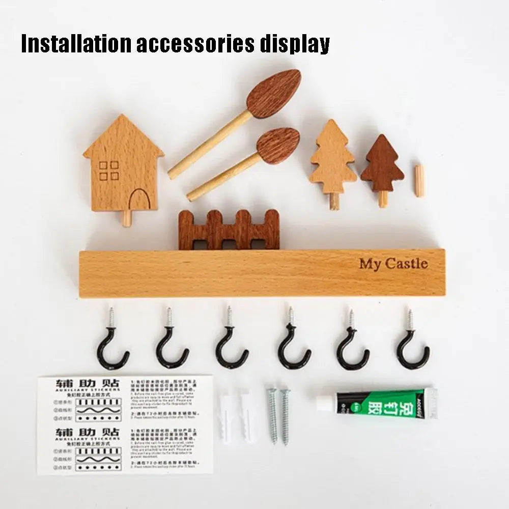 Charming Solid Wood Key Hook Rack - Punch-Free Wall Mount Storage For Keys, Coats & Towels - Perfect Home Decor Accessory