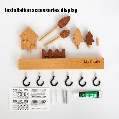 Charming Solid Wood Key Hook Rack - Punch-Free Wall Mount Storage For Keys, Coats & Towels - Perfect Home Decor Accessory