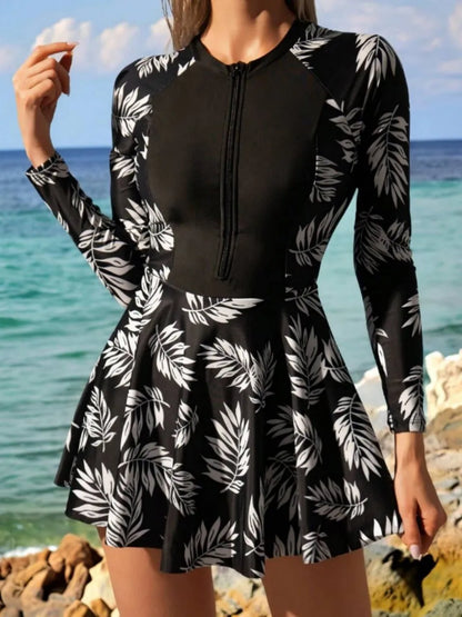 2026 Long Sleeve Rush Guard Print Swimwear Women One Piece With Beach Skir Swimsuit Female Bathing Swim Suit Surfing Beachwear
