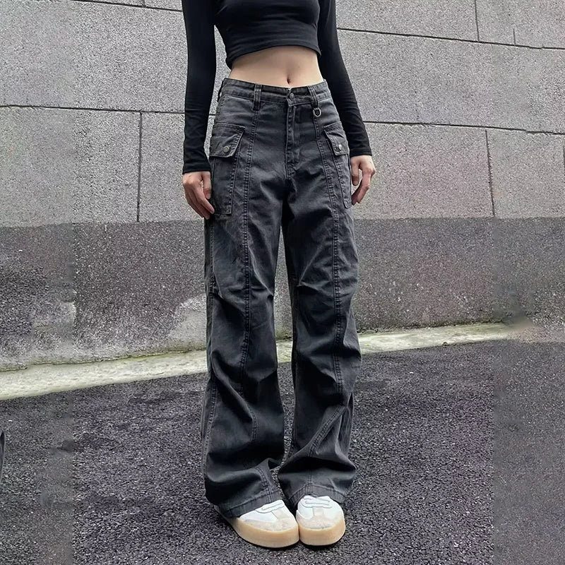 Multi-Pocket Casual Pants Female Straight Cargo Trousers Spring Summer Versatile Solid Color Pants Trendy High Street Trousers