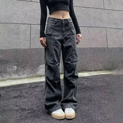 Multi-Pocket Casual Pants Female Straight Cargo Trousers Spring Summer Versatile Solid Color Pants Trendy High Street Trousers