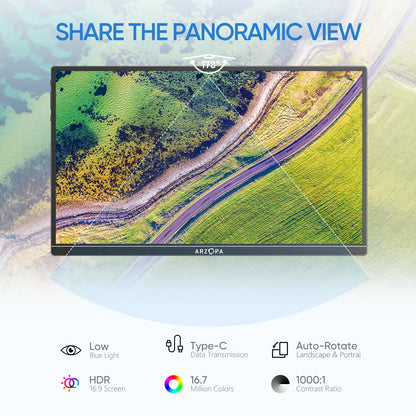 Portable Monitor 14 Inch – ARZOPA Slim Aluminum IPS Panel with USB C & HDMI