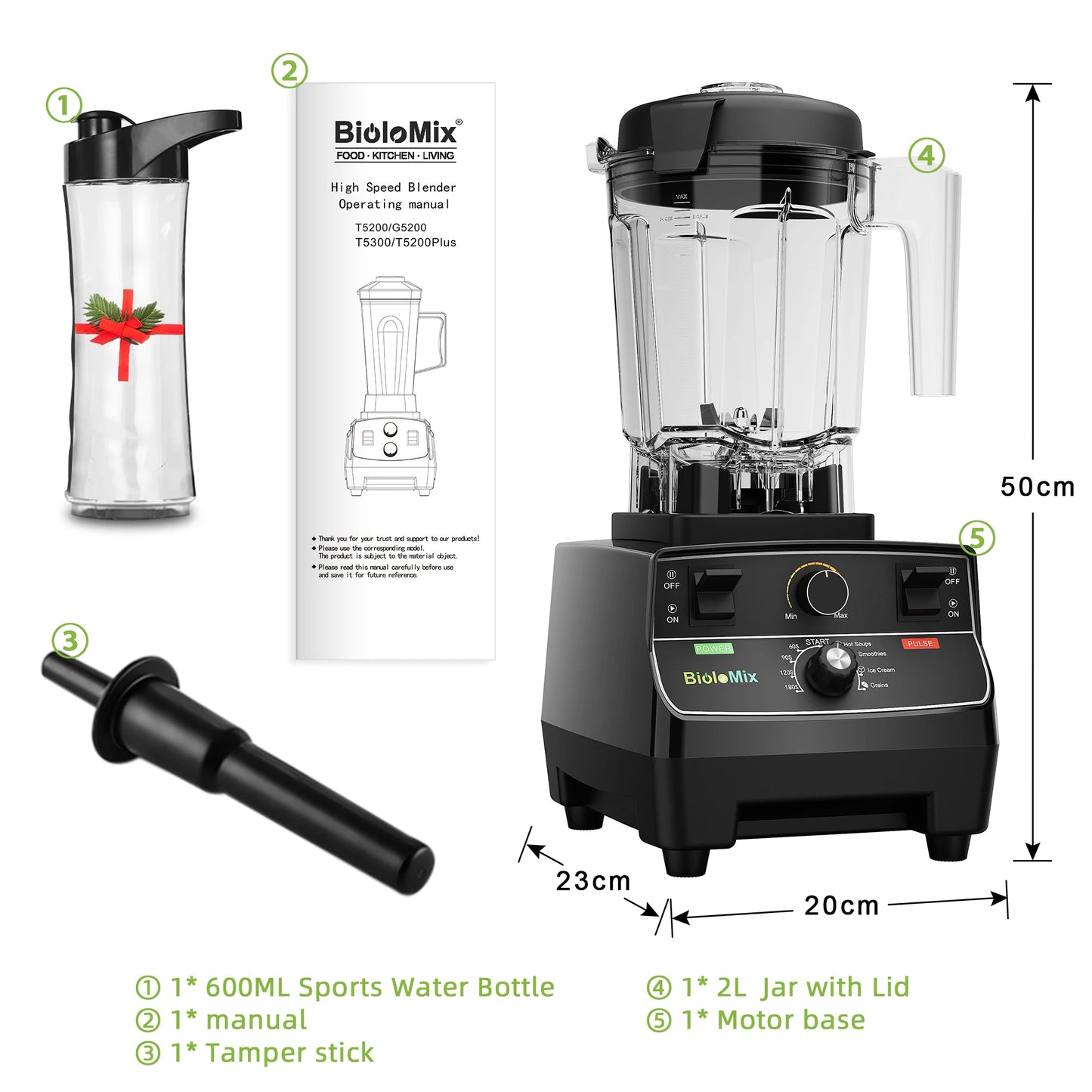 BioloMix 2200W Professional Blender - Smart Timer 2L Jar Mixer Juicer Ice Crusher