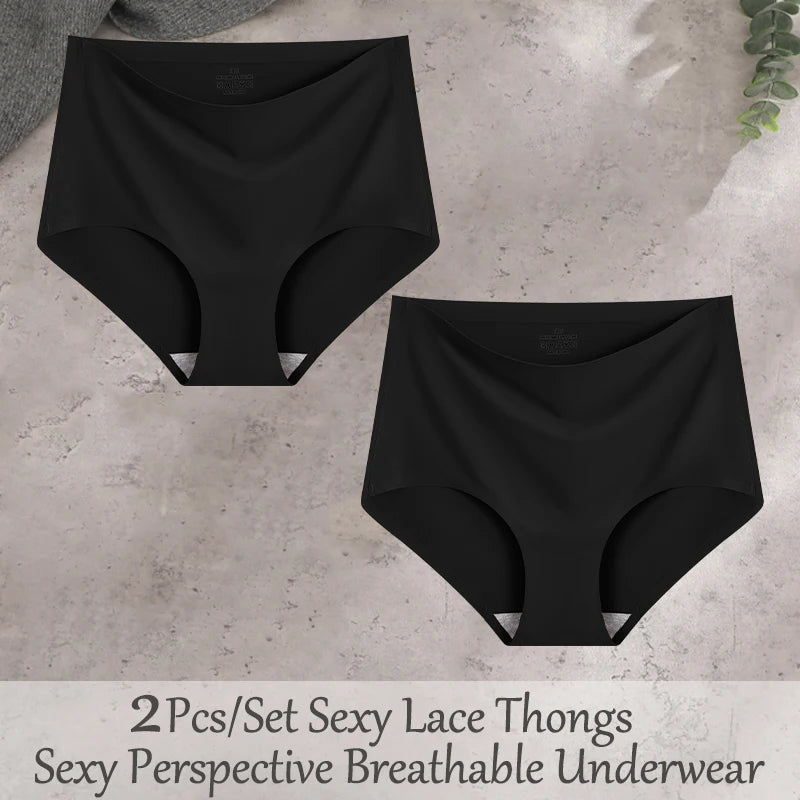 FINETOO 2Pcs/Set Summer Traceless Ice Silk Panties For Women Solid Color High Waist Underpants Female Breathable Sexy Lingerie