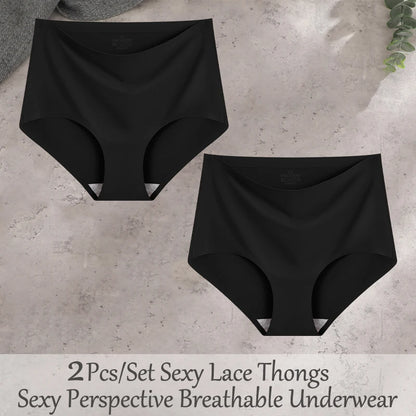 FINETOO 2Pcs/Set Summer Traceless Ice Silk Panties For Women Solid Color High Waist Underpants Female Breathable Sexy Lingerie