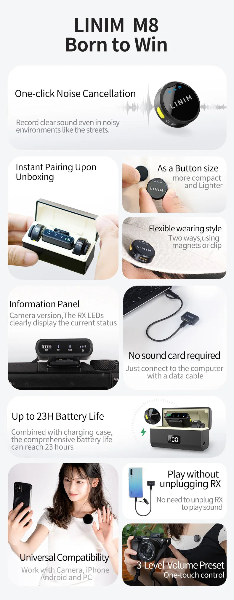 LINIM M8 Wireless Lavalier Microphone for iPhone Camera Type-C Noise Cancellation 23H Battery for Vlog Interview Live Streaming