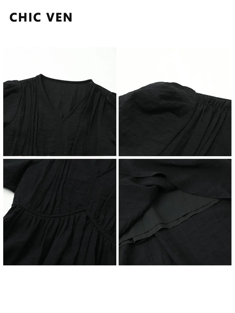 Vintage V-Neck Dress – Women Summer Fashion | White Puff Sleeve, Loose Ankle-Length