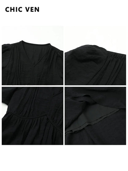 Vintage V-Neck Dress – Women Summer Fashion | White Puff Sleeve, Loose Ankle-Length