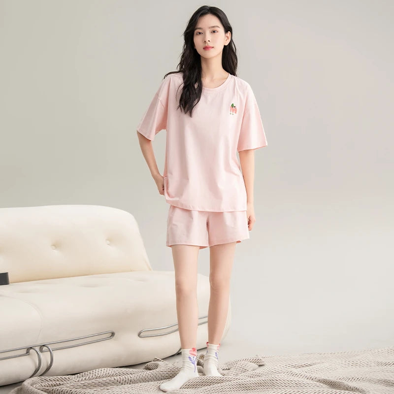 Couple Pajamas Set Summer Short-Sleeved Sleepwear 100% Cotton Men and Women Pyjamas