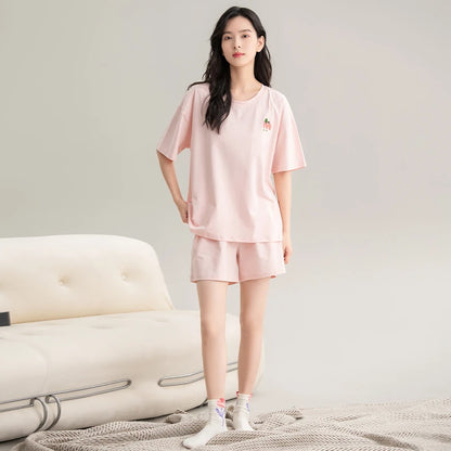 Couple Pajamas Set Summer Short-Sleeved Sleepwear 100% Cotton Men and Women Pyjamas