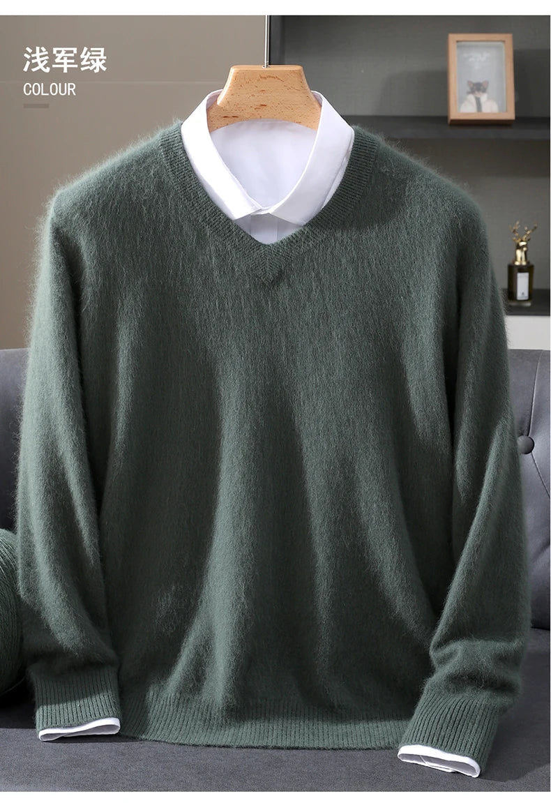 Men's 100% Pure Mink Cashmere Sweater V-neck Pullover Knit Bottoming Shirt Autumn And Winter New Long-Sleeve High-End Mink Tops