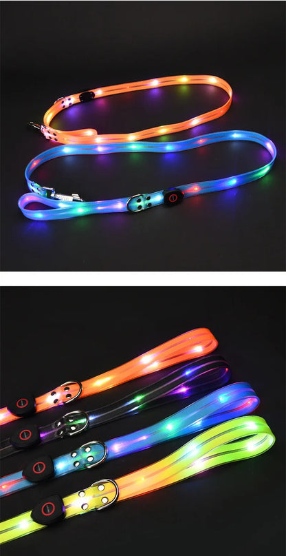 Pet light-up collar leash LED flashing collar USB charging dog walking pulling belt adjustable dog collar fashion pet supplies