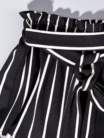 Women's Ribbed Crop Sleeveless Tank Top & Striped Print Belted Bag Waist Shorts SetFitted Comfort Scoop Neck Crop Tank & Shorts