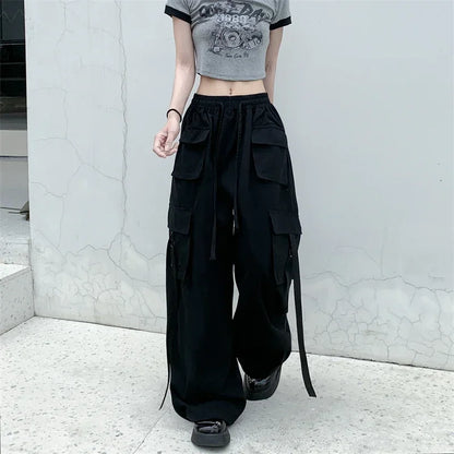High Quality 2025 Cotton High Street Cargo Pants for Women Men with Ribbon High Waist Wide Leg Hip-hop Cool Dances Pants Ladies