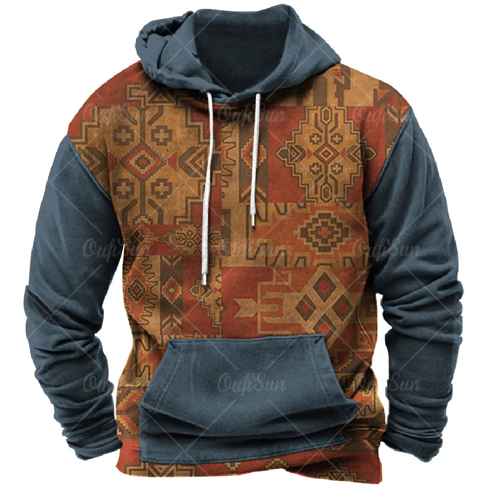 Men Hooded Vintage Print  Sweatshirt Ethnic Style Hoodie Autumn and Winter Oversized Casual Men's Clothing Daily Street Pullover