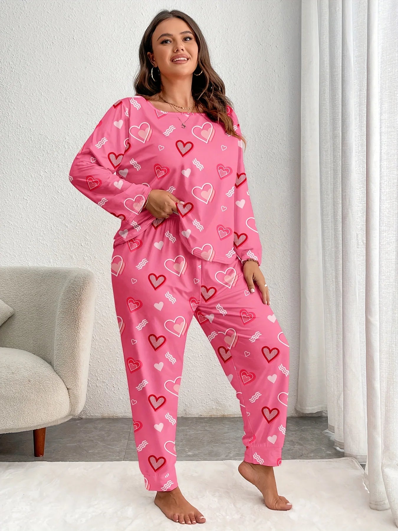 Autumn Winter Pink Heart Print Plus-Size Sleepwear Women Pajama Set Long Sleeve Tops and Trousers 3XL 4XL 5XL Loungewear