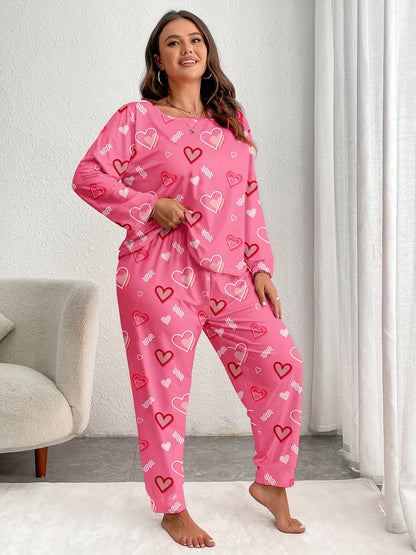 Autumn Winter Pink Heart Print Plus-Size Sleepwear Women Pajama Set Long Sleeve Tops and Trousers 3XL 4XL 5XL Loungewear