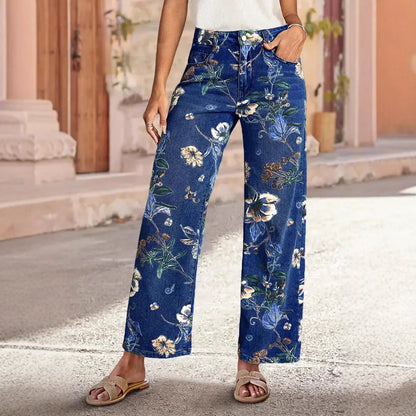 New for 2026: Women's Blue High-waisted Stretch Jeans, Vintage-style Loose-fit Wide-leg Denim Pants with A Floral Print.