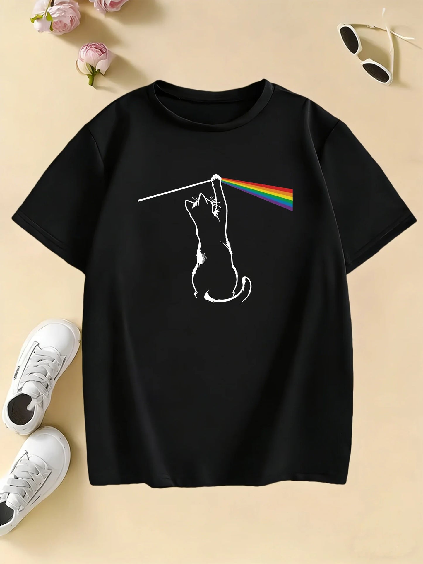 Fashion Rainbow Cat Design Printed T Shirts Kids Children's T-shirt Boys Girls Summer Spring Casual Top Tee