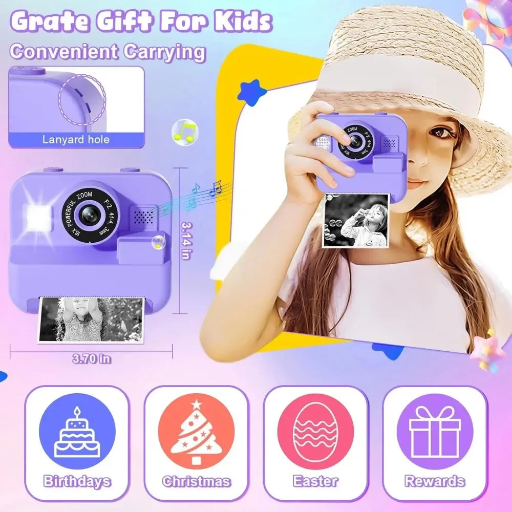 Kids Instant Print Camera - 48MP Digital Educational Thermal Photo Printer With 32GB Card