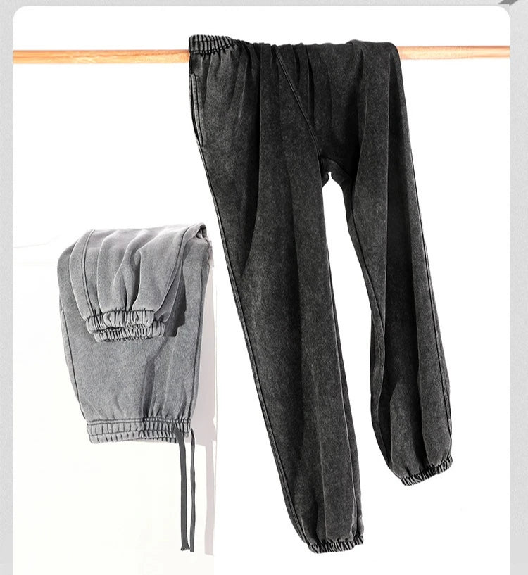 350g Water-Washed Distressed Loose Fit Casual Sweatpants with Ankle Ties - Retro American Style for Autumn/Spring