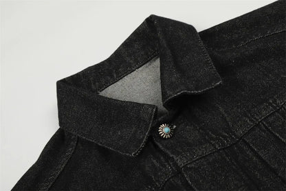 Mens Jacket Punk Vintage Streetwear Black Denim Short Coat Metal Buckle Studded Design Pleated Detail Retro Cool Hip Hop Fashion