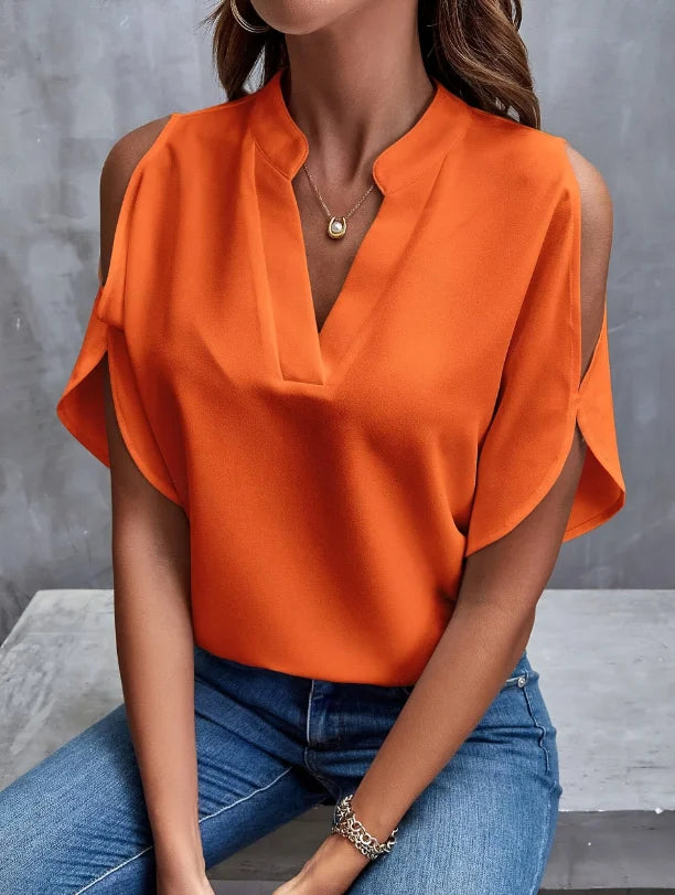 Elegant V-Neck Women's Short-Sleeve Shirt - Solid Color, Notched Collar, Loose European & American Style Versatile Top