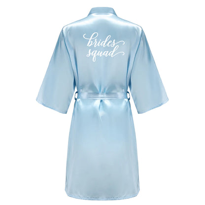Light Blue Women's Satin Robe Short Kimono for Bride & Bridesmaid With White Letter, Wedding Party Robes