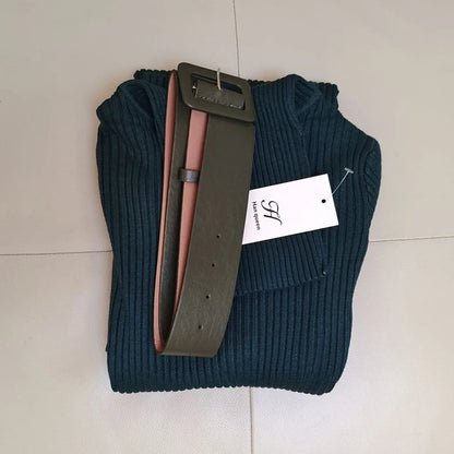 Knitted Turtleneck Bodycon Dress - Soft Elastic Midi Party Dress with Belt for Women