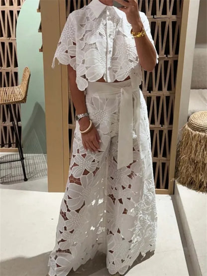Wmstar Two Piece Set Women Hollow Out  Wide Leg Pants Sets Matching Casual Lace Suit Suits Wholesale Dropshipping New Style