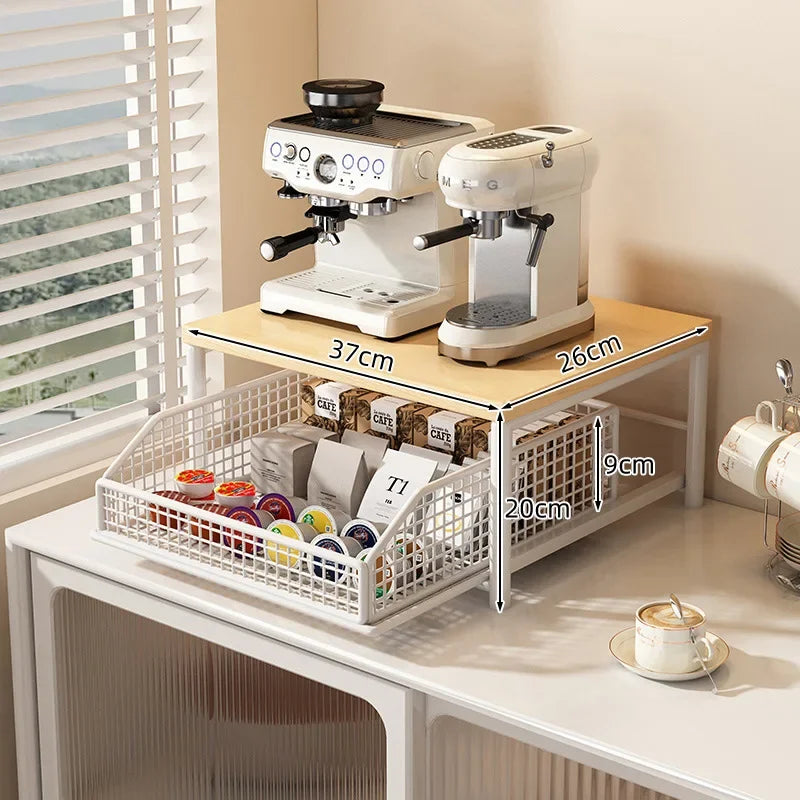Kitchen Microwave Rack – Solid Wood Metal Storage Shelf With Drawer, Space-Saving Organizer