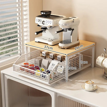 Kitchen Microwave Rack – Solid Wood Metal Storage Shelf With Drawer, Space-Saving Organizer