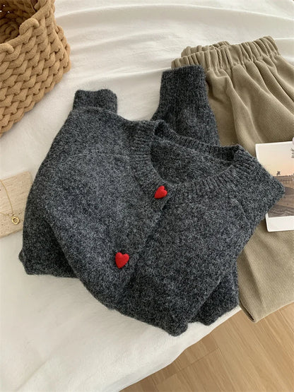 Deep Grey Wool Knitted Cardigan For Women 2026 Autumn Winter Soft And Sticky Warm Love Buckle Shoulder Sleeves