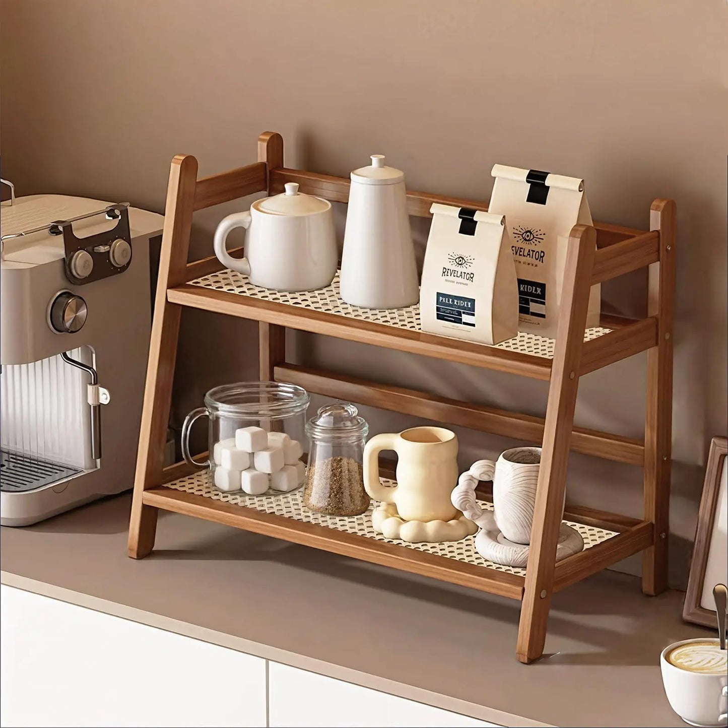 Coffee Station Organizer - 2 Tier Wicker Look Bamboo Mug Holder Shelf