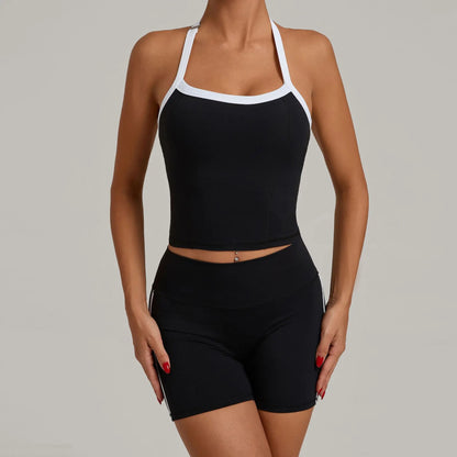 Fashion Patchwork Skinny Shorts Set Gym Women Workout Clothing Summer Sleeveless Backless Fitness Sport Suit Women Sportwear Red