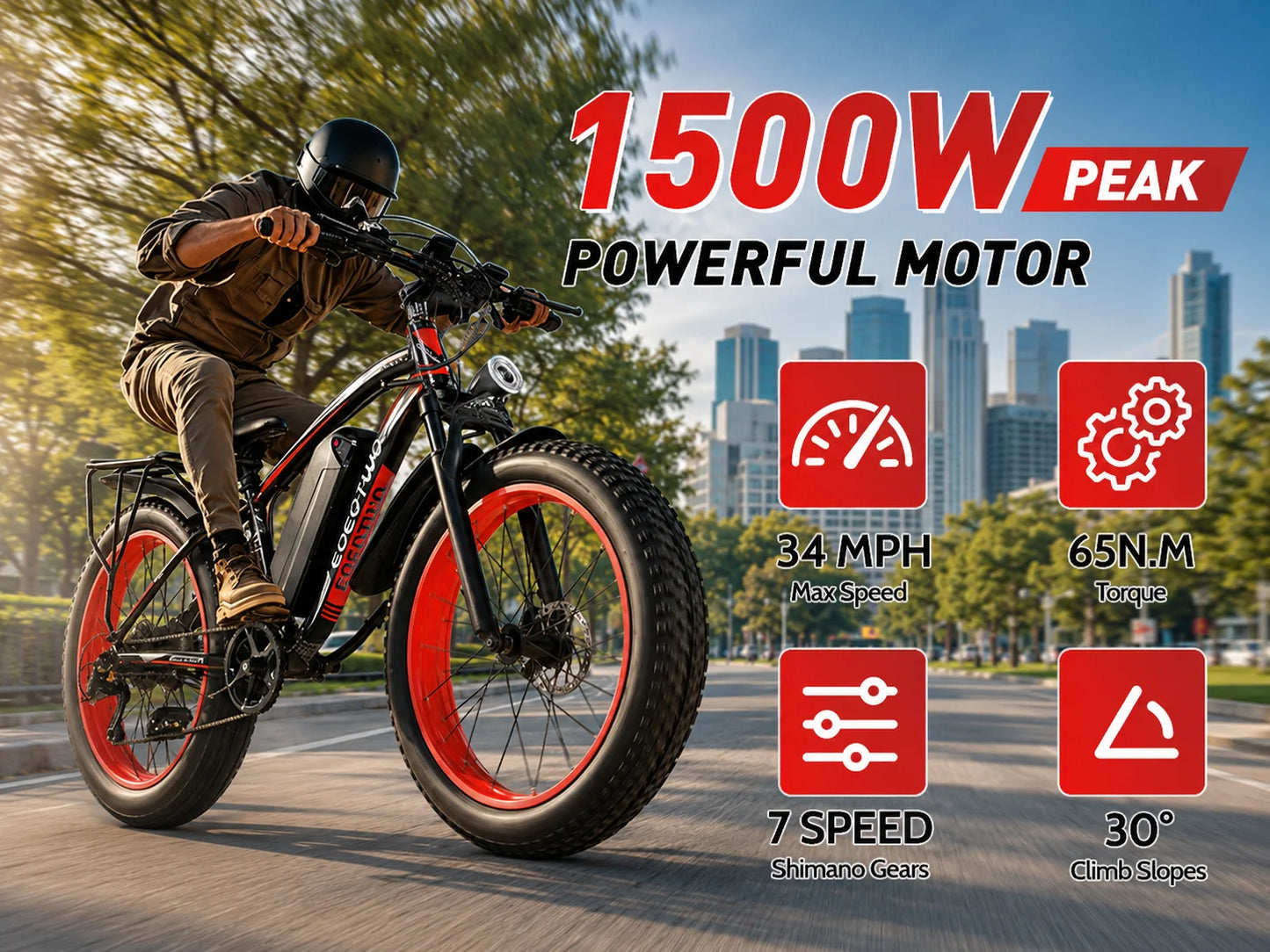 Electric Bike for Adults 1500W Peak, 34MPH 26" Fat Tire Ebike, 48V 15Ah Long Range Battery, All-Terrain Mountain Commuter E-Bike