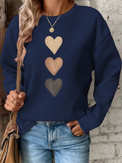 Women's Casual Heart Print Pullover Sweatshirt Geometric Design Long Sleeve Round Neck Machine Washable Regular Fit for Autum