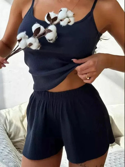 Solid Color Sleeveless Top Shorts 2-piece Set Casual Loose Ribbed Home Wear Summer Women's Sleepwear Set Sexy Accessories Fit