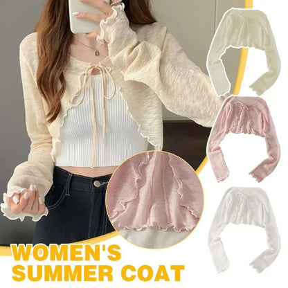 Summer Women Thin Sunscreen Cardigan Lace-up Knitwear Tops Female Korean Style Lantern Sleeve Short Coat Casual Sun Protected