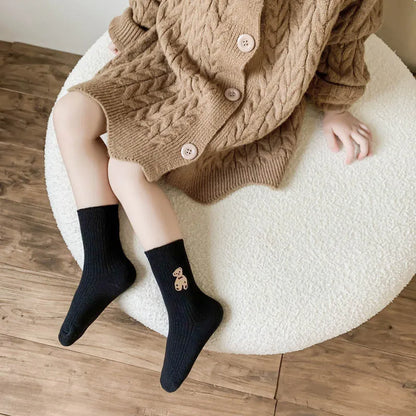 1 Pairs Cotton Kids Socks Korean Retro Style Bear Embroidery Girls Boy Toddler Knitted Socks Warmth Tube Socks For 1-9 Year