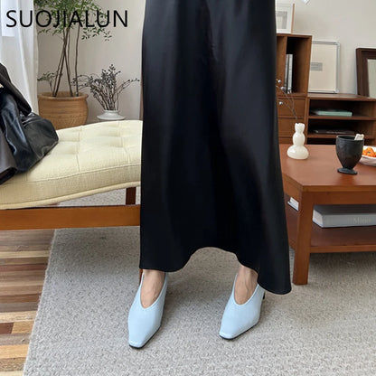 SUOJIALUN Autumn Women Pumps Shoes Fashion Shallow Slip On Ladies Eelgant Single Shoes Square High Heel Outdoor Dress Pumps