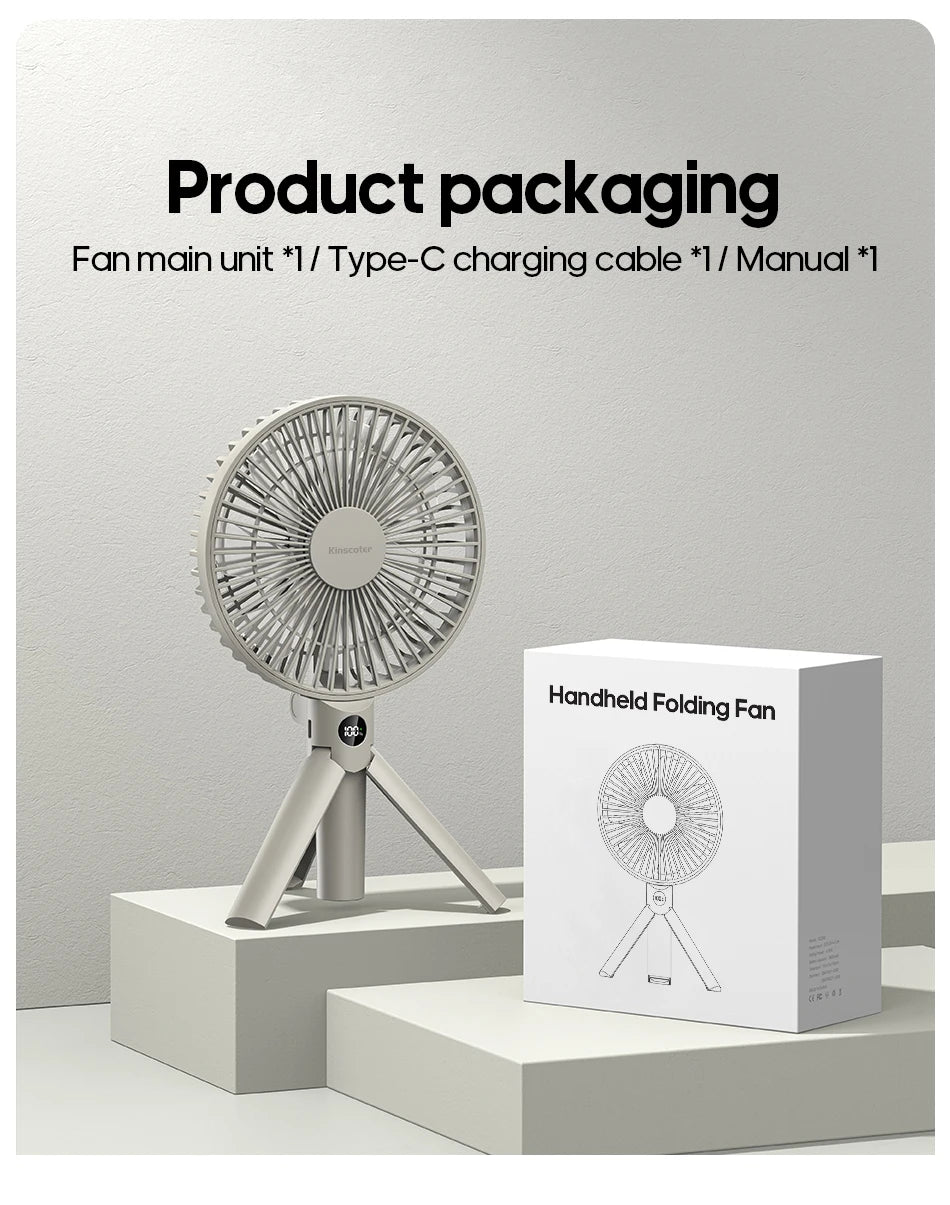 New Foldable Tripod Handheld Fan 3000mAh 4-Speed Rechargeable Fan LED Digital Display Portable Fan for Outdoor Travel Camping