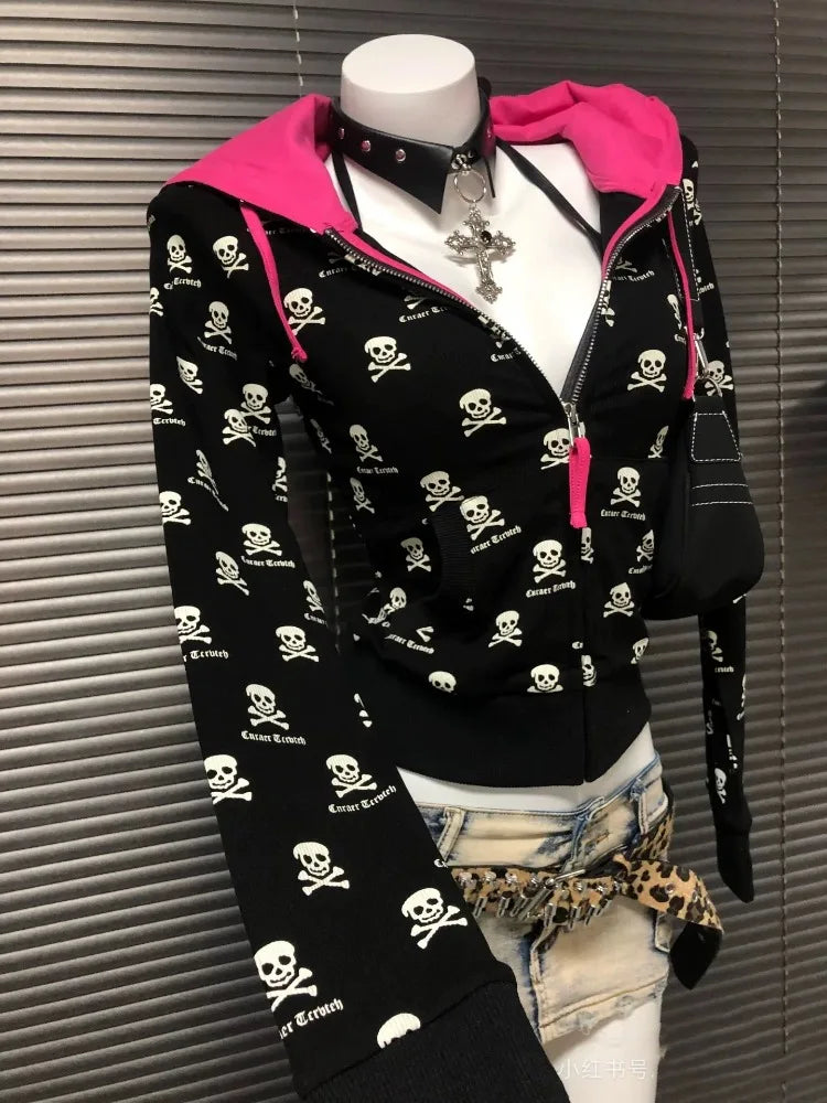 2000s Y2k Gothic Punk Skeleton Print Cardigan Contrast Hooded Sweatshirt Jacket Women Spring Autumn 2025 New Slim Fit Black Tops